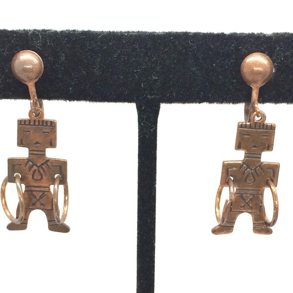 3/$30 VINTAGE SOUTHWEST STYLE COPPER KACHINA DOLL HOOP DANCER EARRINGS - Picture 1 of 11